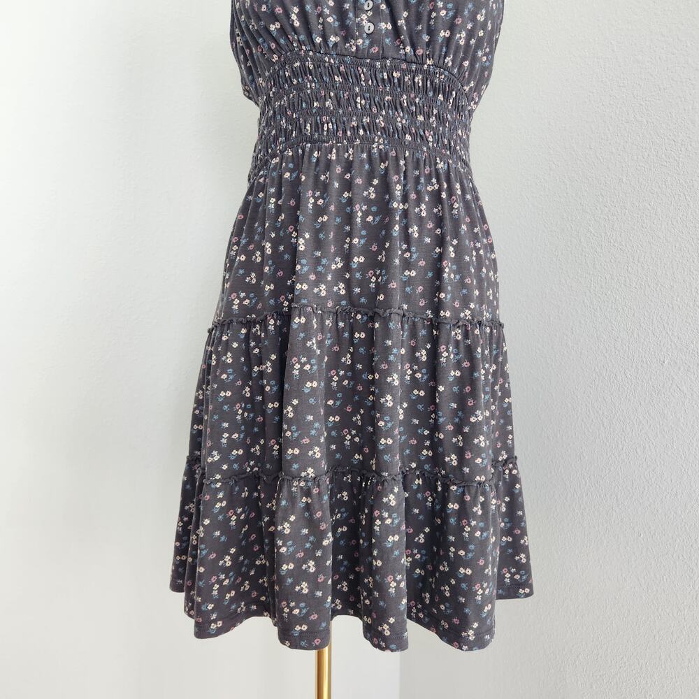 Lucky Brand Grey Ditsy Floral Smocked Tiered Tank Sundress Cotton A Line L - Picture 4 of 11